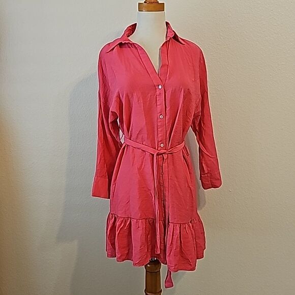 ZARA BARBIE PINK RUFFLED SATIN EFFECT DRESS BARBIECORE SMALL - Picture 3 of 9